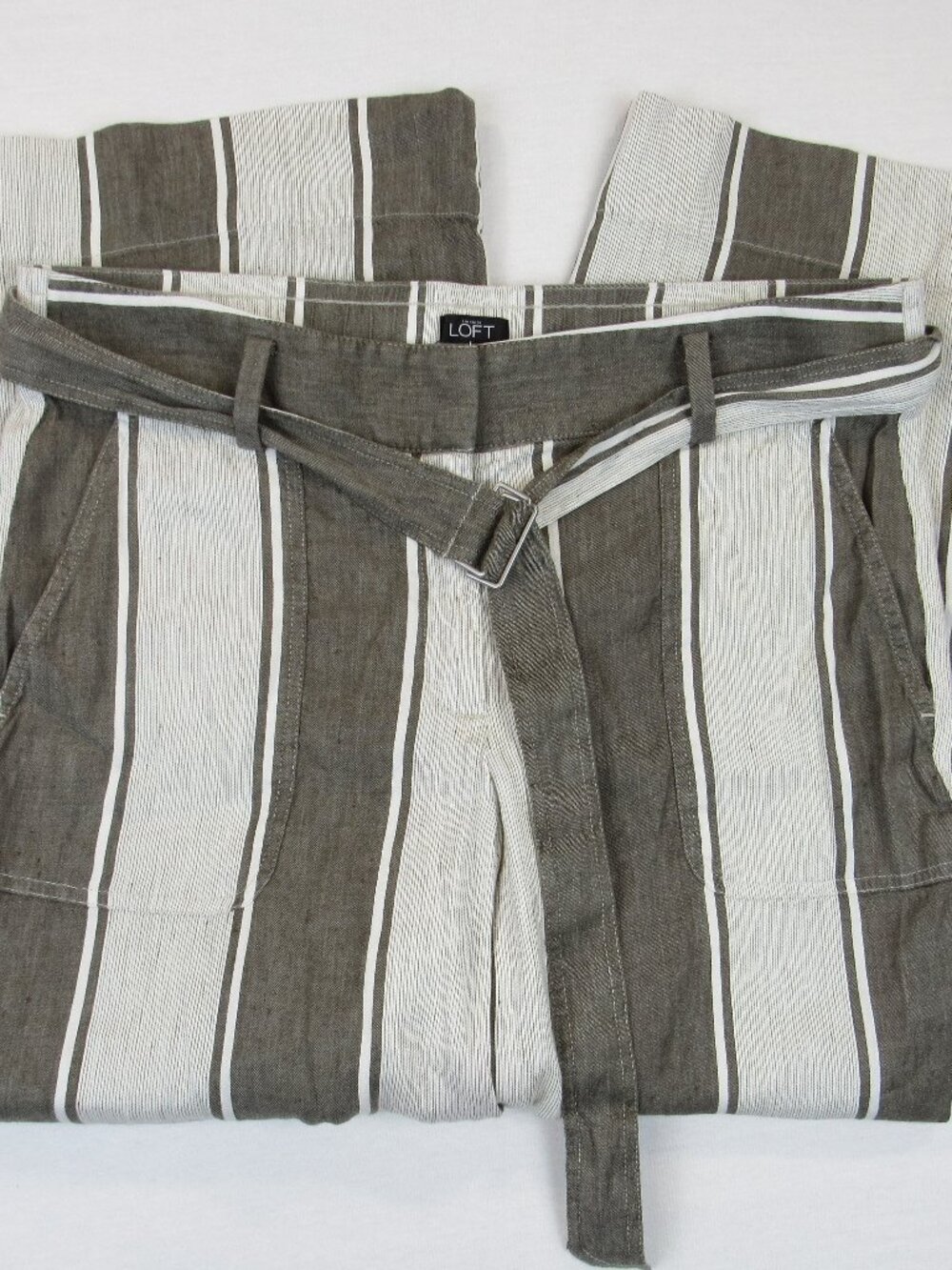 Ann Taylor Loft Women's Pants Size M Linen Blend Wide Leg Pants Belted Striped